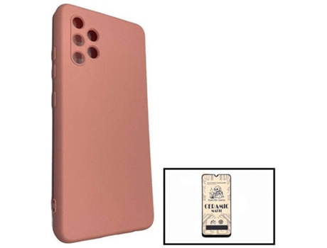 Kit Cristal Templado CeramicGlass Full Cover y Funda Silicona Samsung Galaxy A32 4G PHONECARE Rosa