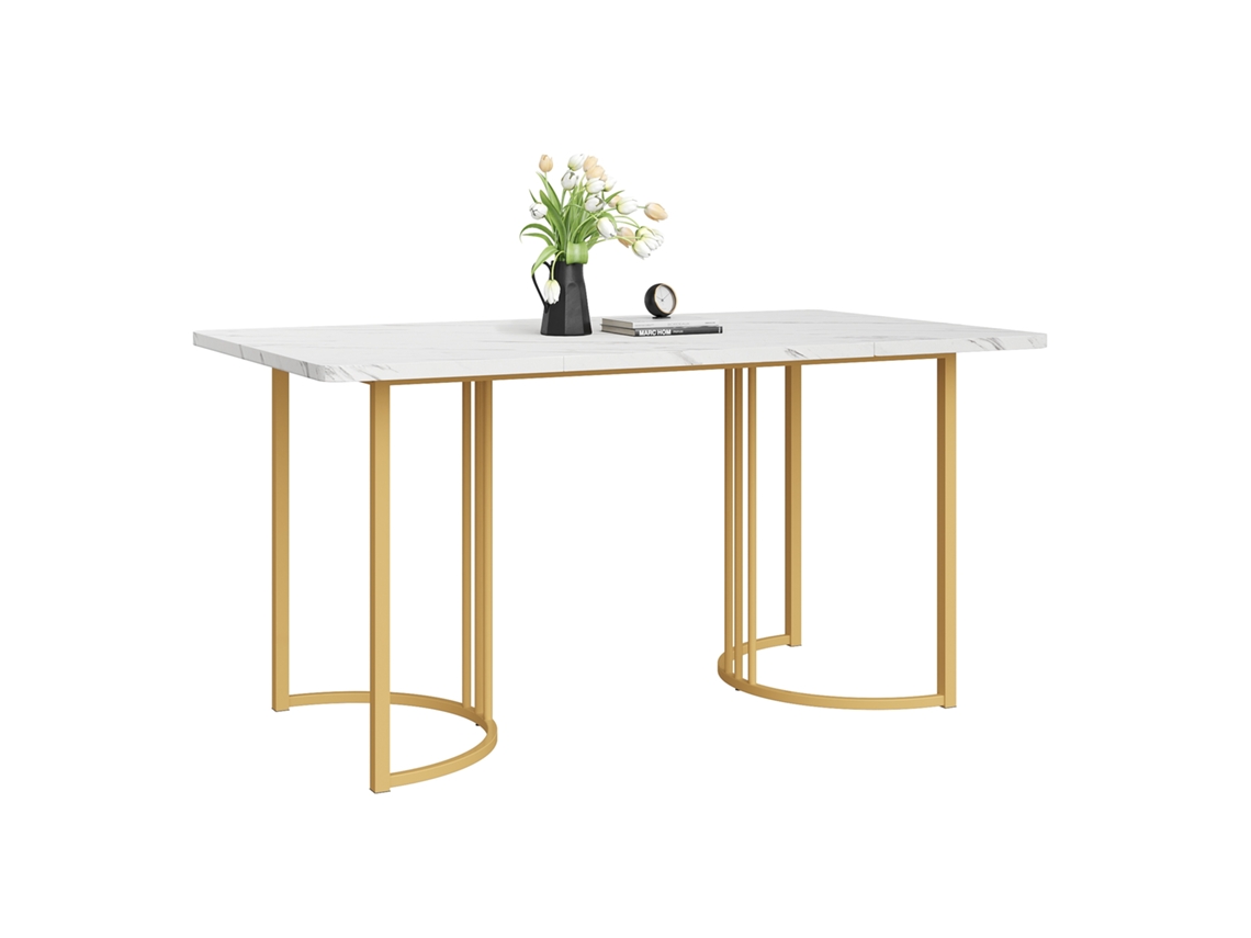 Mesa de comedor de 140 x 80 cm con patas ajustables y estructura de metal con revestimiento de mármol blanco y dorado Mobrio