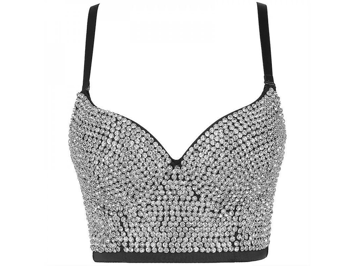 Top Crop Corset Sexy Para Mujer Con Encaje Y Piedras, Sutien Con Tirantes Ajustables Y Removibles 34b Negro