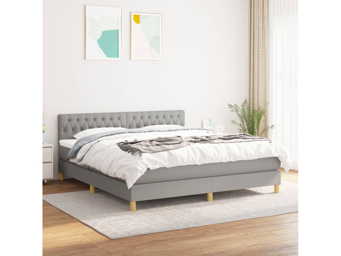 Cama Box Spring Con Colchón Tela Gris Claro 180x200 Cm