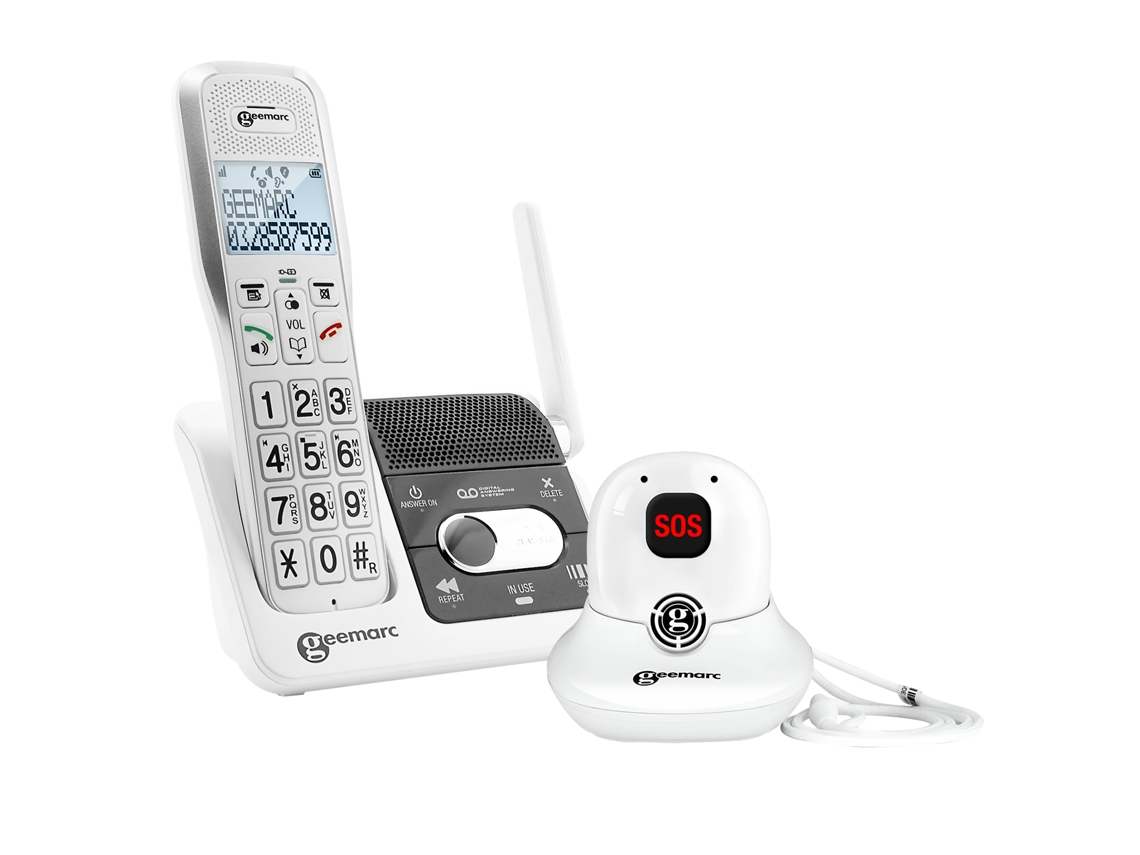 Teléfono para personas mayores con timbre amplificado y colgante SOS blanco Geemarc