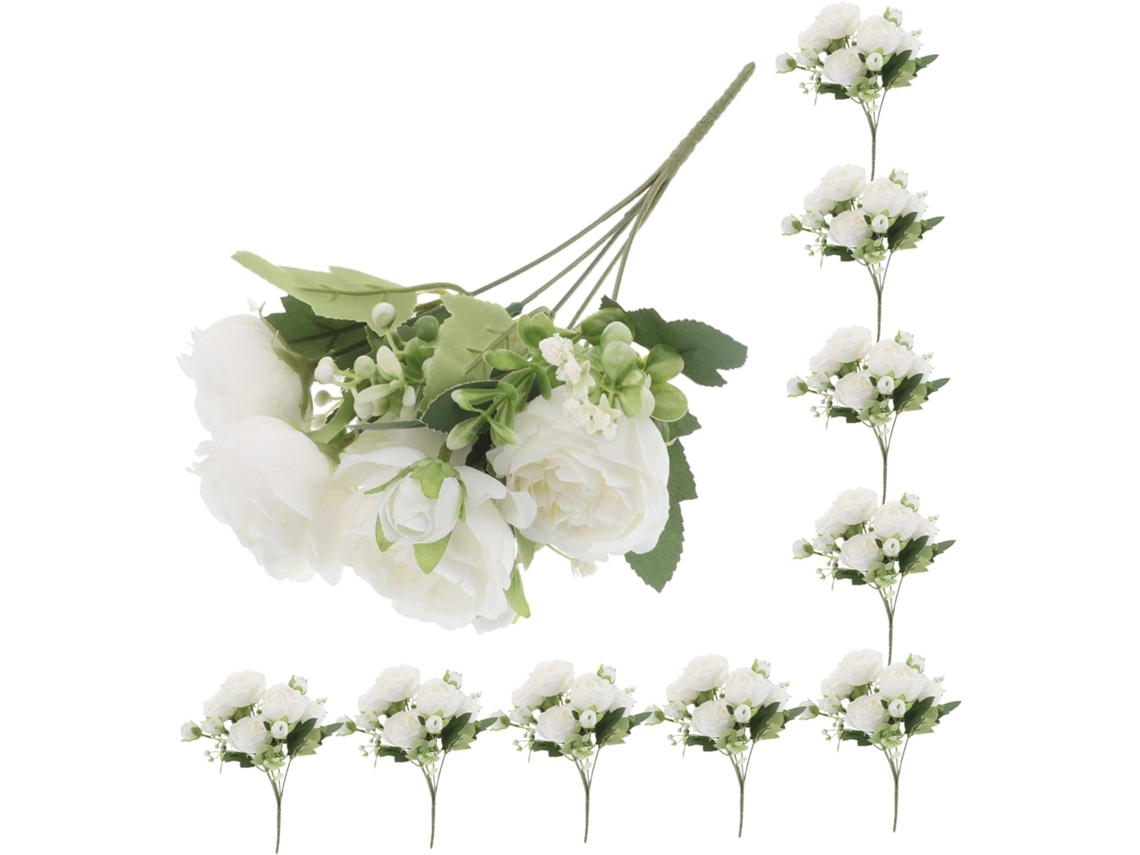 10 Piezas De Flores Artificiales De Peonía Blanca Con Tallos, Arreglo Para Decoración De Interiores