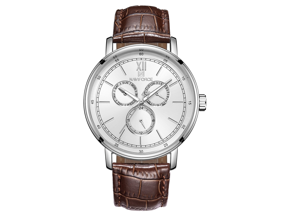 Reloj De Pulsera De Cuarzo Para Hombre Naviforce Con Correa De Cuero, Resistencia Al Agua De 3 Atm Y Esfera Blanca De Tres Subesferas.