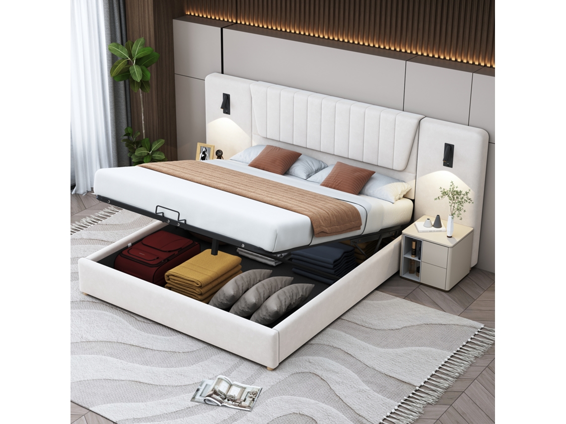 Cama Doble Tapizada De 180x200 Con Espacio De Almacenamiento, Puerto Usb Hidráulico Para Lectura, Terciopelo Beige.