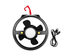 Ventilador LED USB recargable para camping y senderismo.