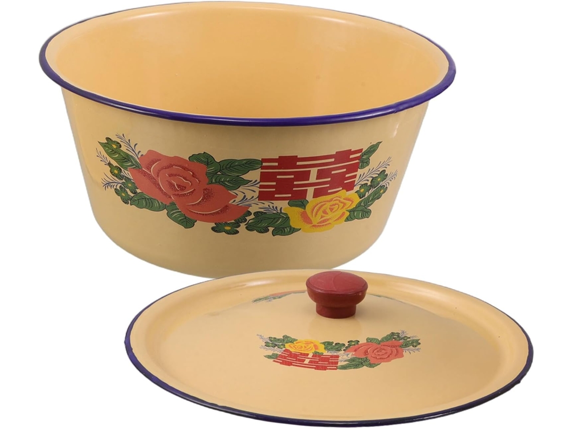 Bol Vintage Con Tapa, Palangana Retro De Metal Amarillo Para Lavar En La Cocina.