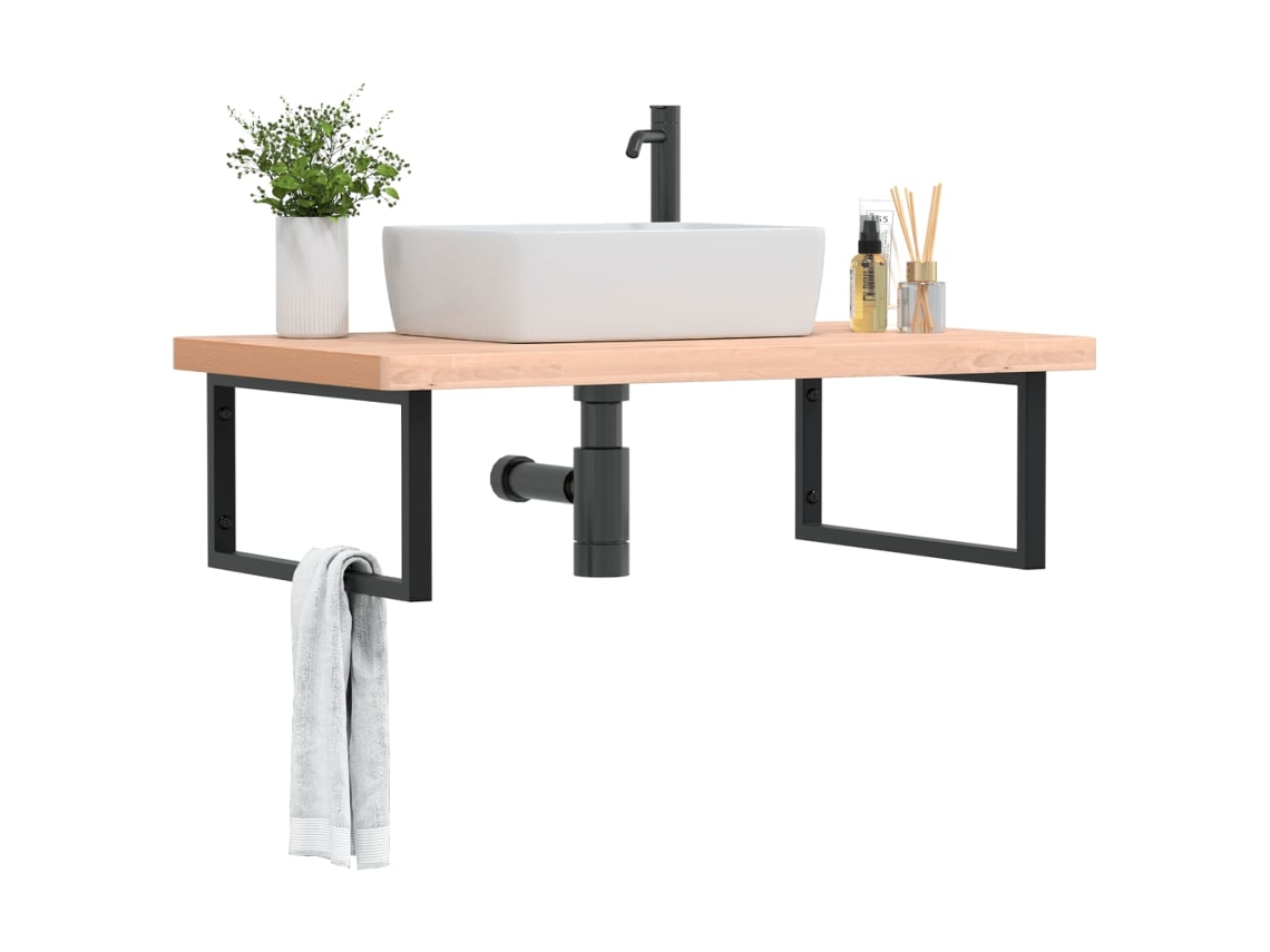 Estante De Lavabo De Pared De Acero Y Madera Maciza De Haya