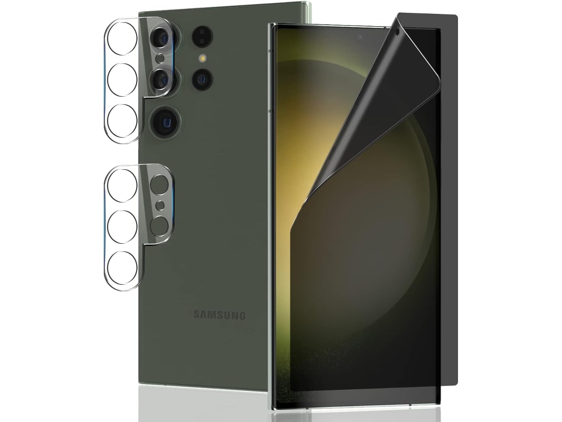 Conjunto de Protectores de Pantalla Protetor Ultra Spy Filme Flexível Peça Temperado Câmera para Samsung Galaxy S23 Ultra HONGWE. (2un)