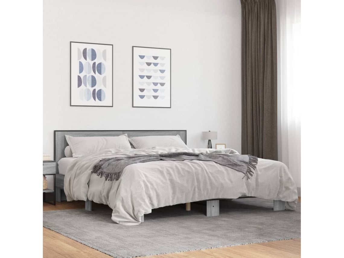 Estructura Cama Madera Ingeniería Metal Gris Sonoma 200x200 Cm