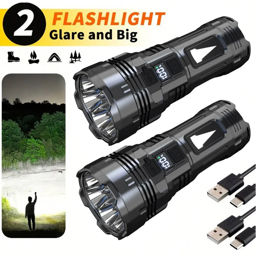 Linterna LED de largo alcance con luz lateral, superbrillante, recargable por USB, resistente al agua, ideal para exteriores. Aeuzwr