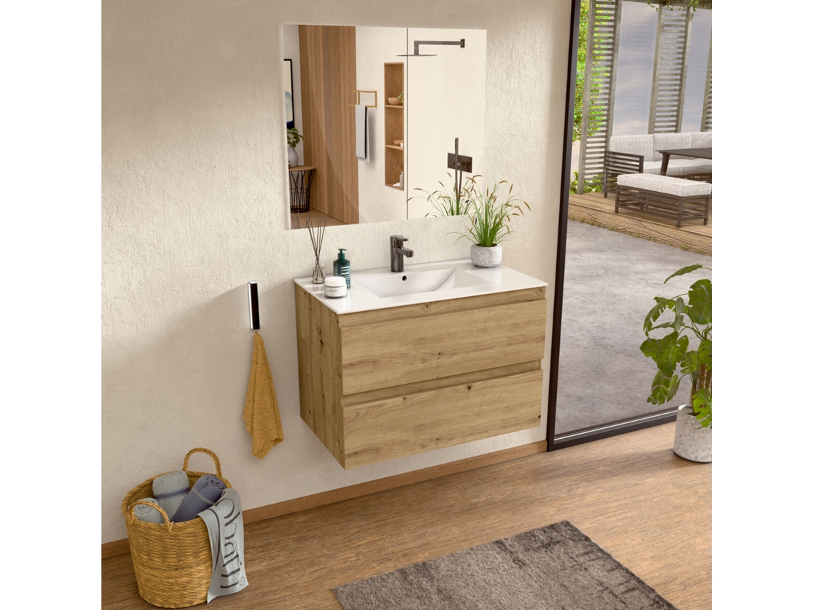 Mueble de lavabo con lavabo de cerámica y espejo, mueble de lavabo con 2 cajones, 80 x 55 x 46 cm, acabado Roble Bellobath.