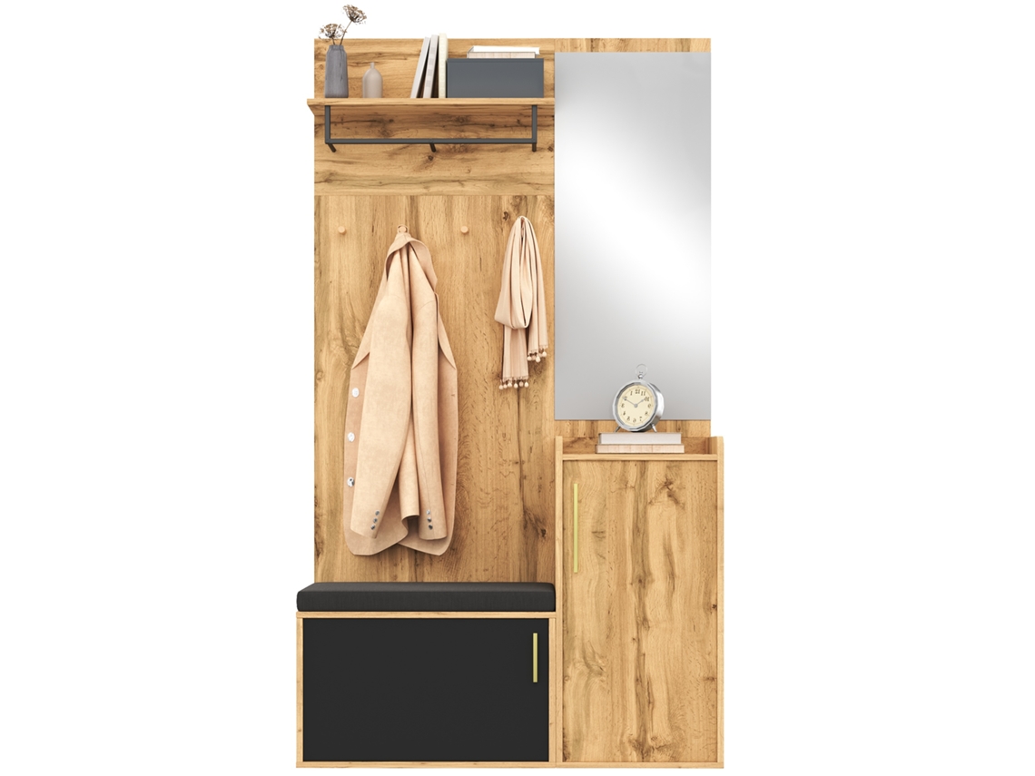 Armario Compacto Con Espejo Y Banco, Mueble De Recibidor Con Zapatero Y Ganchos, Requiere Taladrado