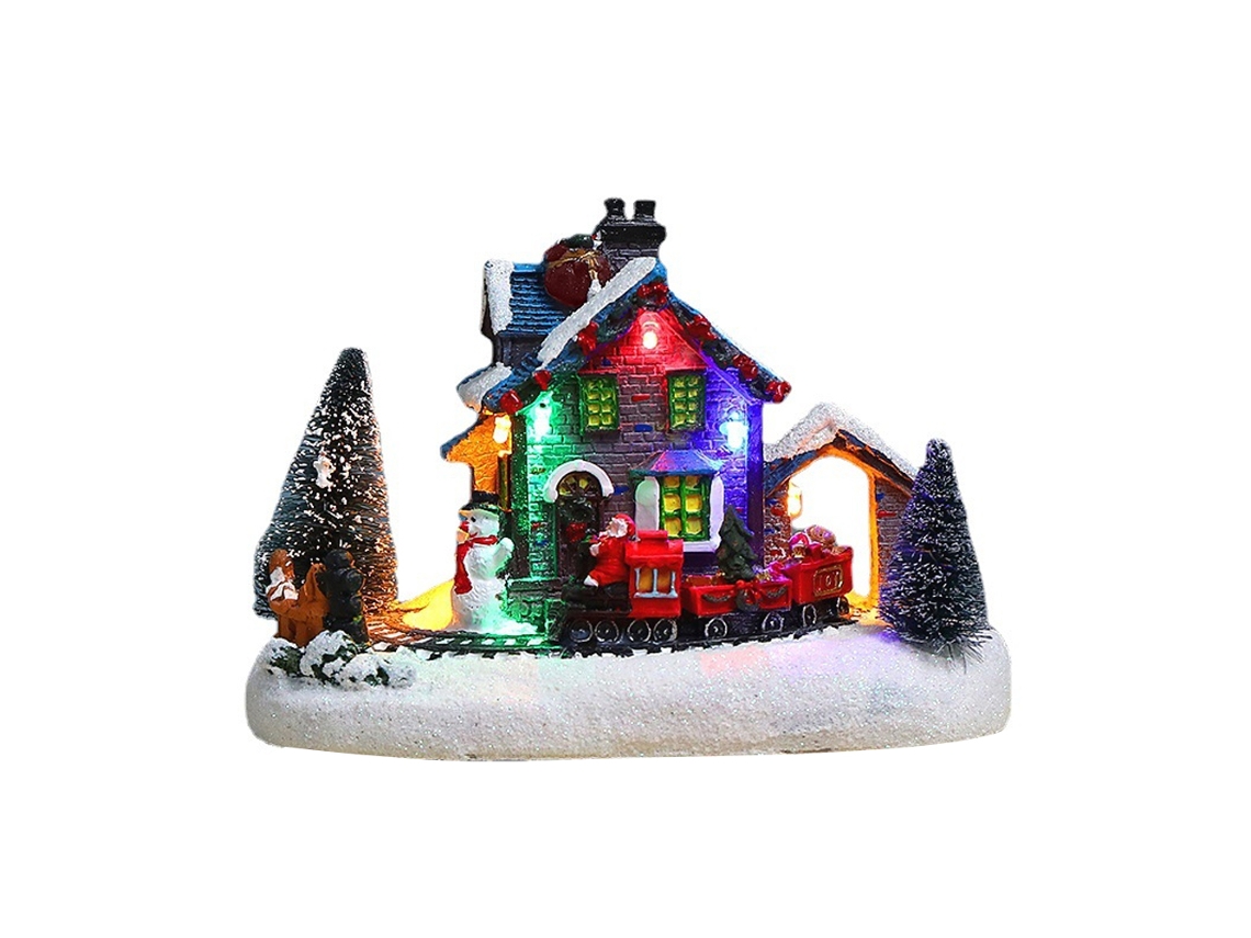 Aldeia de Natal Casas Papai Noel Boneco de Neve Trem Cena de Neve Led Iluminado Decoração de Natal Resina