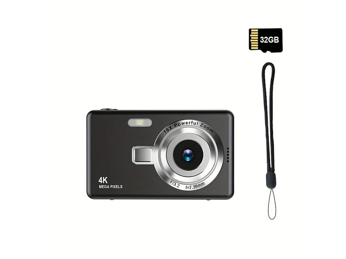 Cámara digital portátil Yizhood 4K HD con enfoque automático, tarjeta de memoria de 32 g y luz preiluminada (negra)