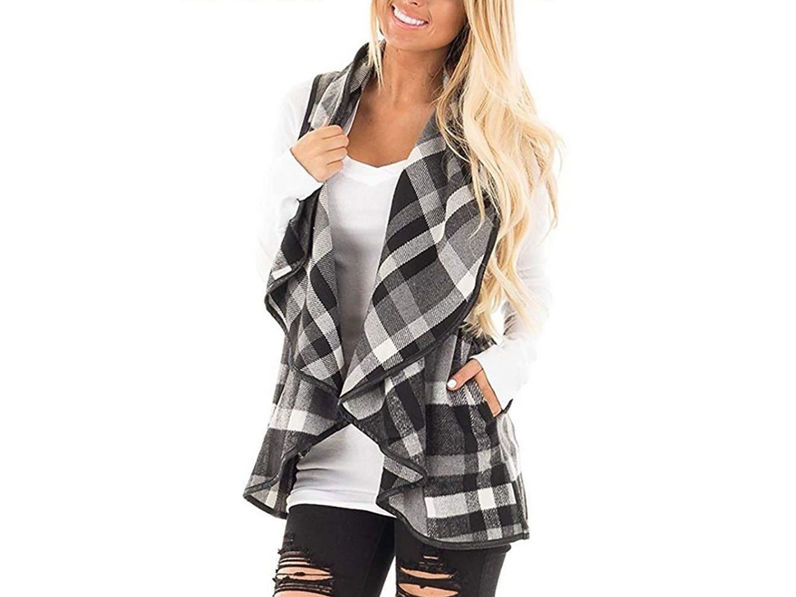 2026altiro-chaqueta Sin Mangas Con Estampado De Cuadros, Bolsillos Y Solapa, Cardigan De Poliéster Para Mujer, Fiesta Y Uso Interior/exterior