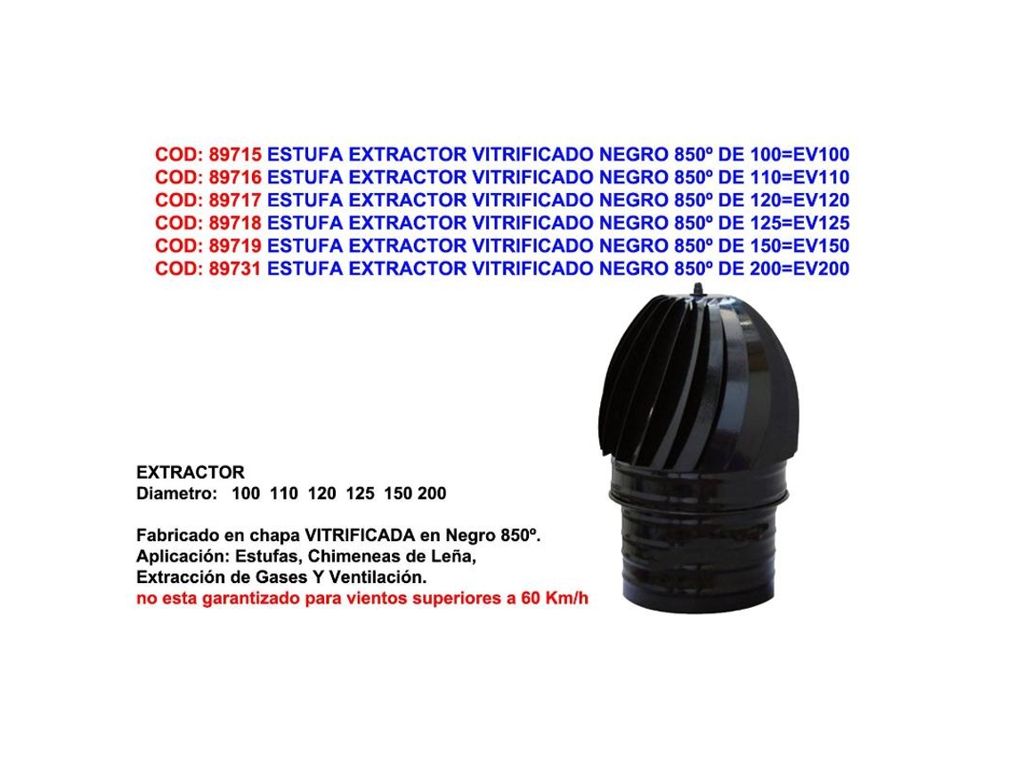 Estufa extractor vitrificado negro 850  de 150 ev150