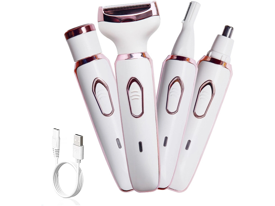 Afeitadora eléctrica para mujer, recortadora 4 en 1 con cabezales extraíbles para rostro, cuerpo, línea del bikini, nariz y cejas. Indolora y segura para el cuerpo.