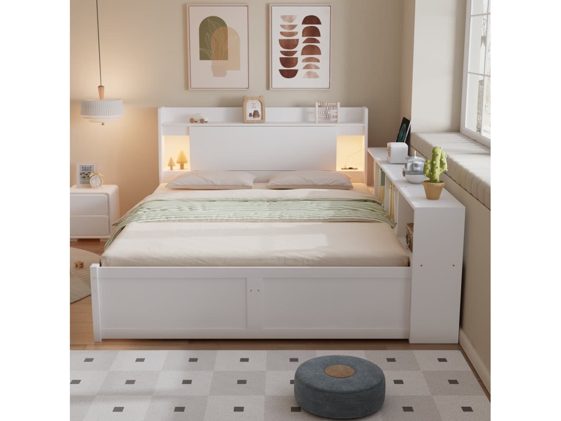 Cama Doble 140x200 - Cabecero Con Estante Y 2 Luces, Puerto De Carga, Armarios Y Cajones Laterales - Blanco