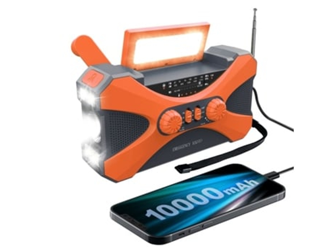 Radio de emergencia solar con manivela de 10000 mAh, linterna, USB multifunción, color naranja, Panoona
