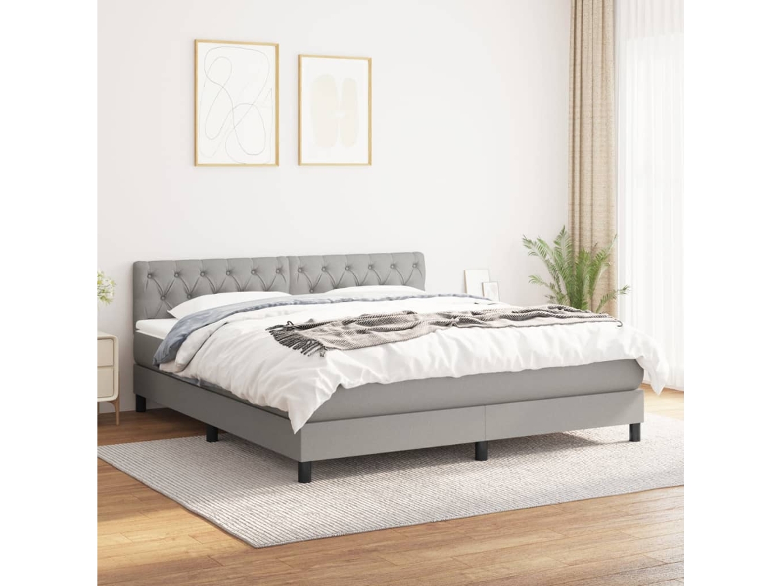 Cama Box Spring Con Colchón Tela Gris Claro 160x200 Cm