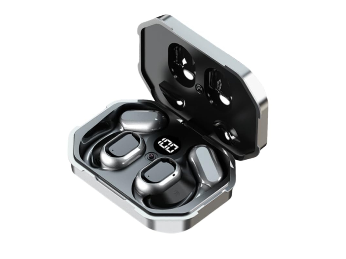 Auriculares inalámbricos con gancho para la oreja, reducción de ruido LED, control inteligente de graves, tapizados en tela, Bluetooth, color plata