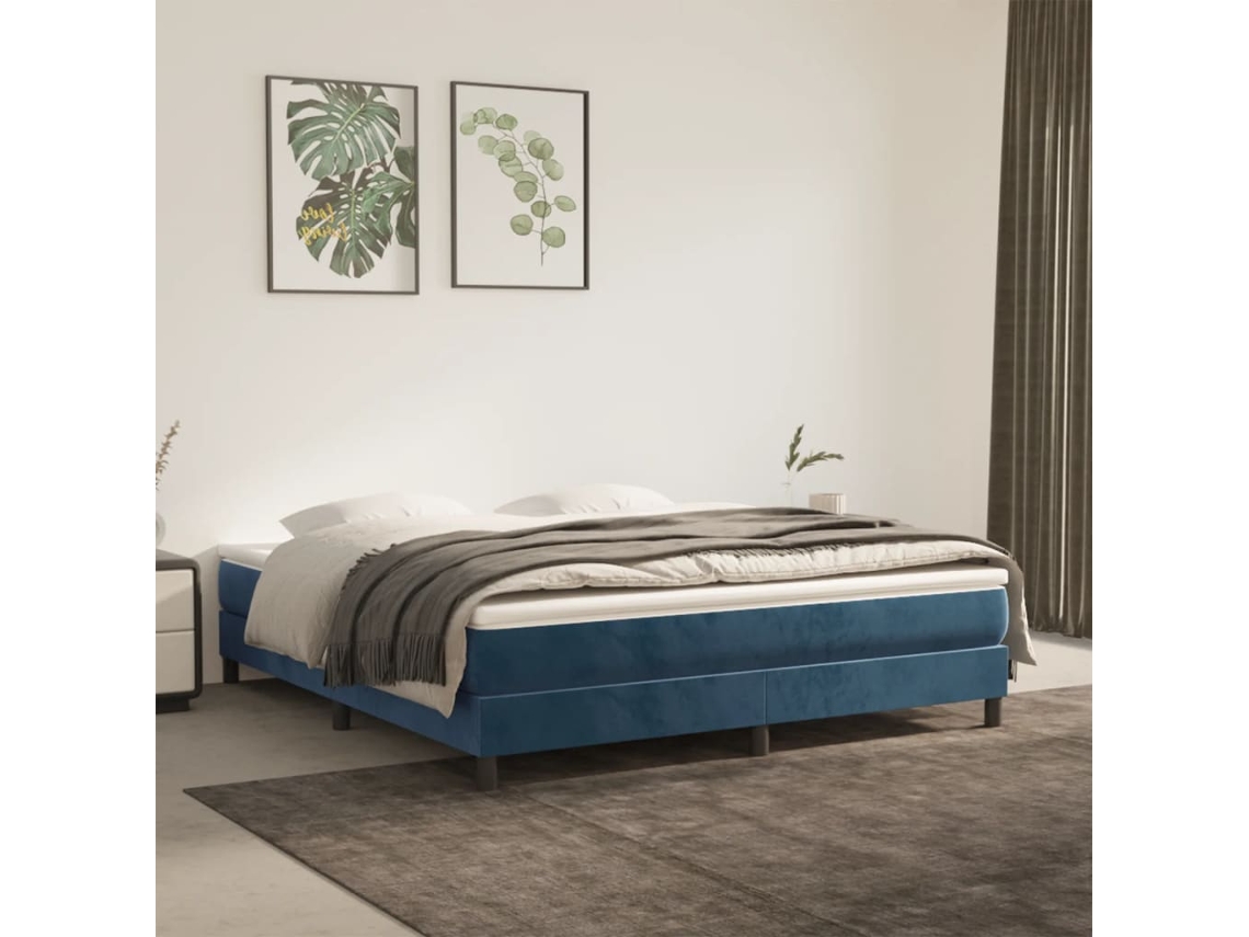 Cama Box Spring Con Colchón Terciopelo Azul Oscuro 160x200 Cm