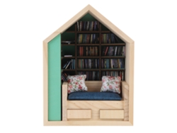 Rebe - Miniatura de estante de livros feita à mão em madeira com almofadas pequenas para decoração de mesa.