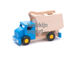 Camión volquete clasificador de formas Bajo, carrito de juguete de madera azul