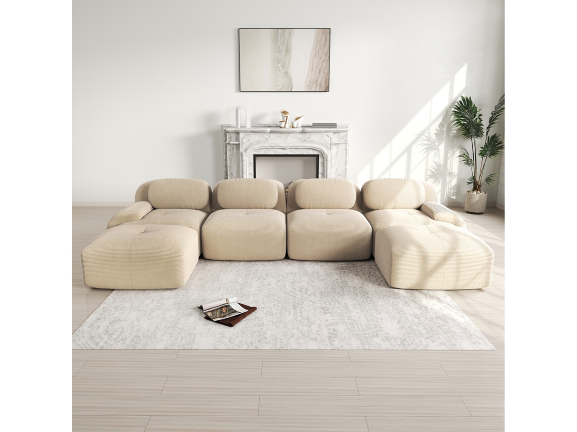 Sofá modular de 4 plazas en forma de U, no requiere montaje, pana transpirable, espuma 32D, brazos anchos, ergonómico y pet-friendly, color beige, marca Mobrio.