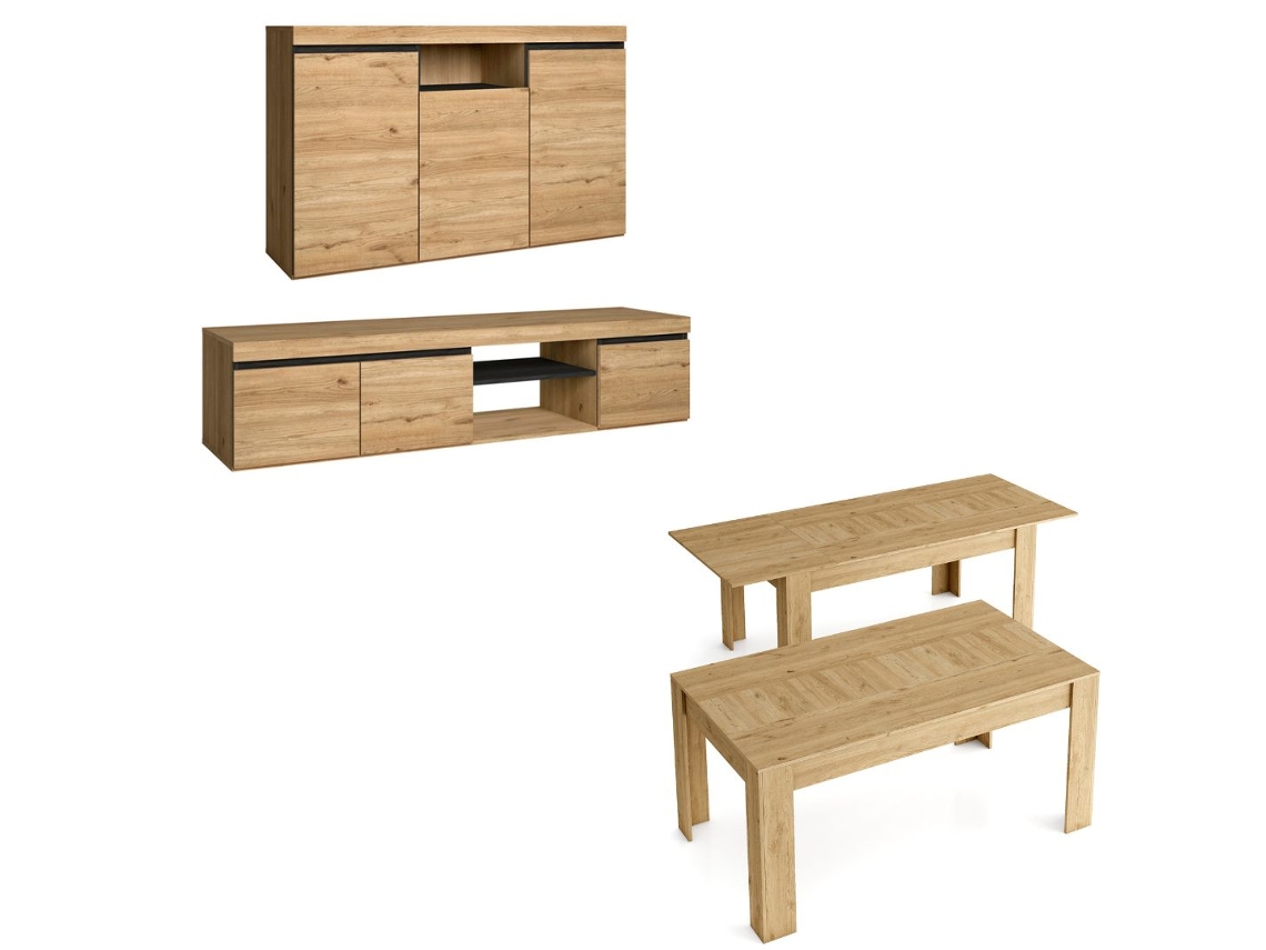 Conjunto De Muebles Naturale, Buffet-mueble Tv 160cm-mesa Extensible Roble/negro