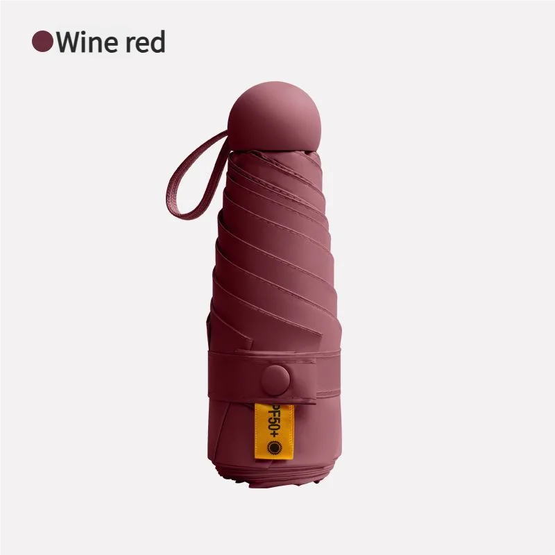 Mini paraguas cápsula MDUG, 5 pliegues, 6 varillas, protección UPF50+, protección UV (color rojo vino)