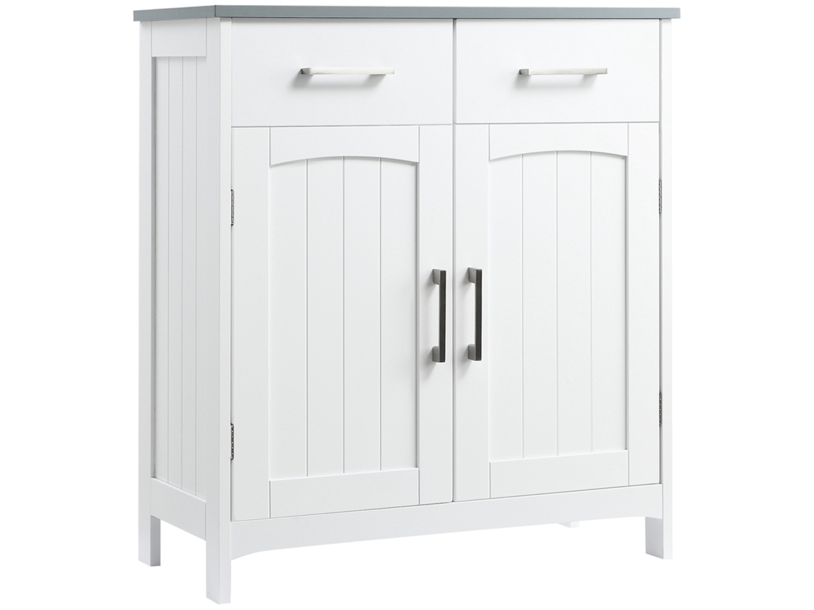 Armario de baño que ahorra espacio, armario de baño de MDF con 2 puertas, 2 cajones y estante ajustable, 68x33x76cm, blanco