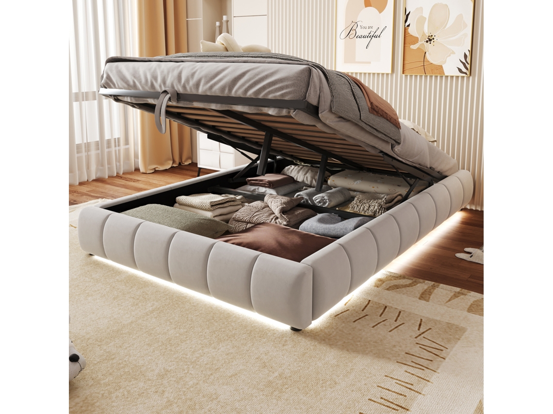 Cama Suspendida De 140x200 Cm, Color Beige, Con Iluminación Led E Hidráulica, Sin Cabecero.