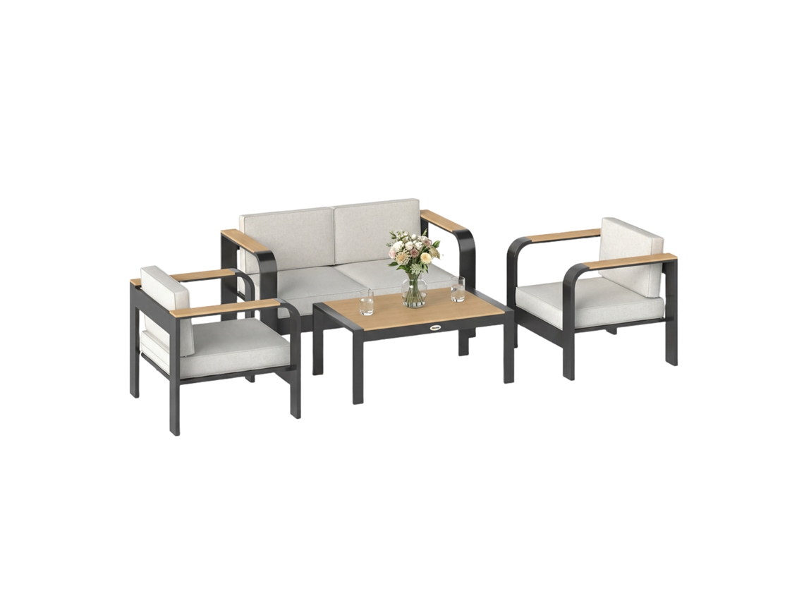 Conjunto De Móveis De Jardim Em Alumínio Para 4 Pessoas, Resistente À Água, Extra Profundo, Com Sofá De 2 Lugares, 2 Poltronas E Mesa Lateral.