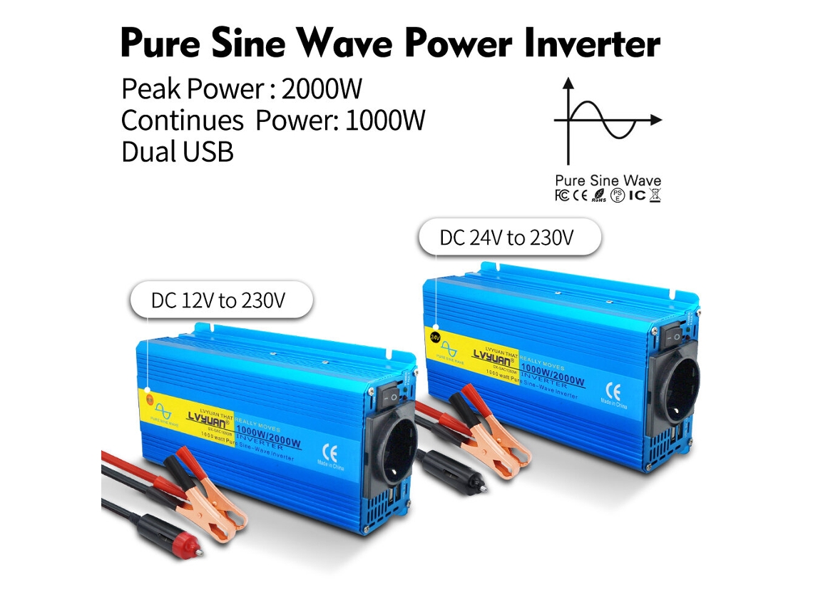Inversor de potência 24vlvyuan 1000w Pico 2000w Onda Senoidal Pura DC Ca 12v/24v 230v Duas USB Plugue UE Ventoinha de Resfriamento PL0003/PL00048