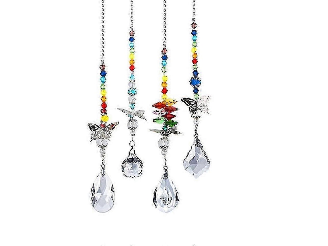 Juego de 4 atrapasoles colgantes de cristal arcoíris con forma de chakra.