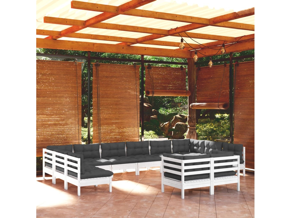 12 unidades Conjunto. Lounge De Jardim C/ Almofadões Pinho Maciço Branco Dkd Decoración Del Hogar