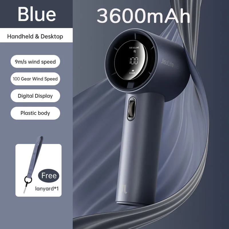 Mini Ventilador Portátil De Mano (3600 Mah, Azul), 100 Niveles De Velocidad, Batería Recargable Por Usb, Pantalla Digital Led.