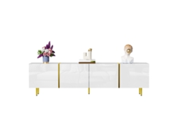 Mueble TV blanco de cuatro puertas, acabado brillo, diseño minimalista moderno, estilo Ycone.