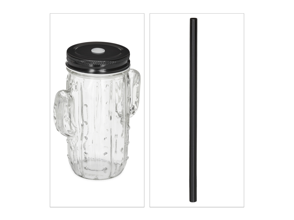 Relaxdays Pack De 8 Vasos Con Pajita Y Tapa, Jarras Para Helado O Limonada, Forma De Cactus, 500 Ml, Transparente