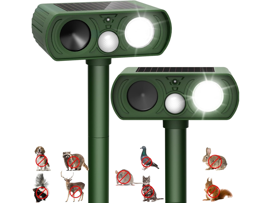 Repelente ultrasónico de ratas con energía solar, impermeable, para exteriores, con flash LED (2 unidades) Gertiz