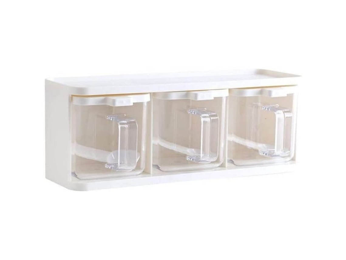Caja Transparente Para Especias Con 3 Compartimentos Y Soporte Para Cuchara Para Guardar Condimentos, Con Tapa.