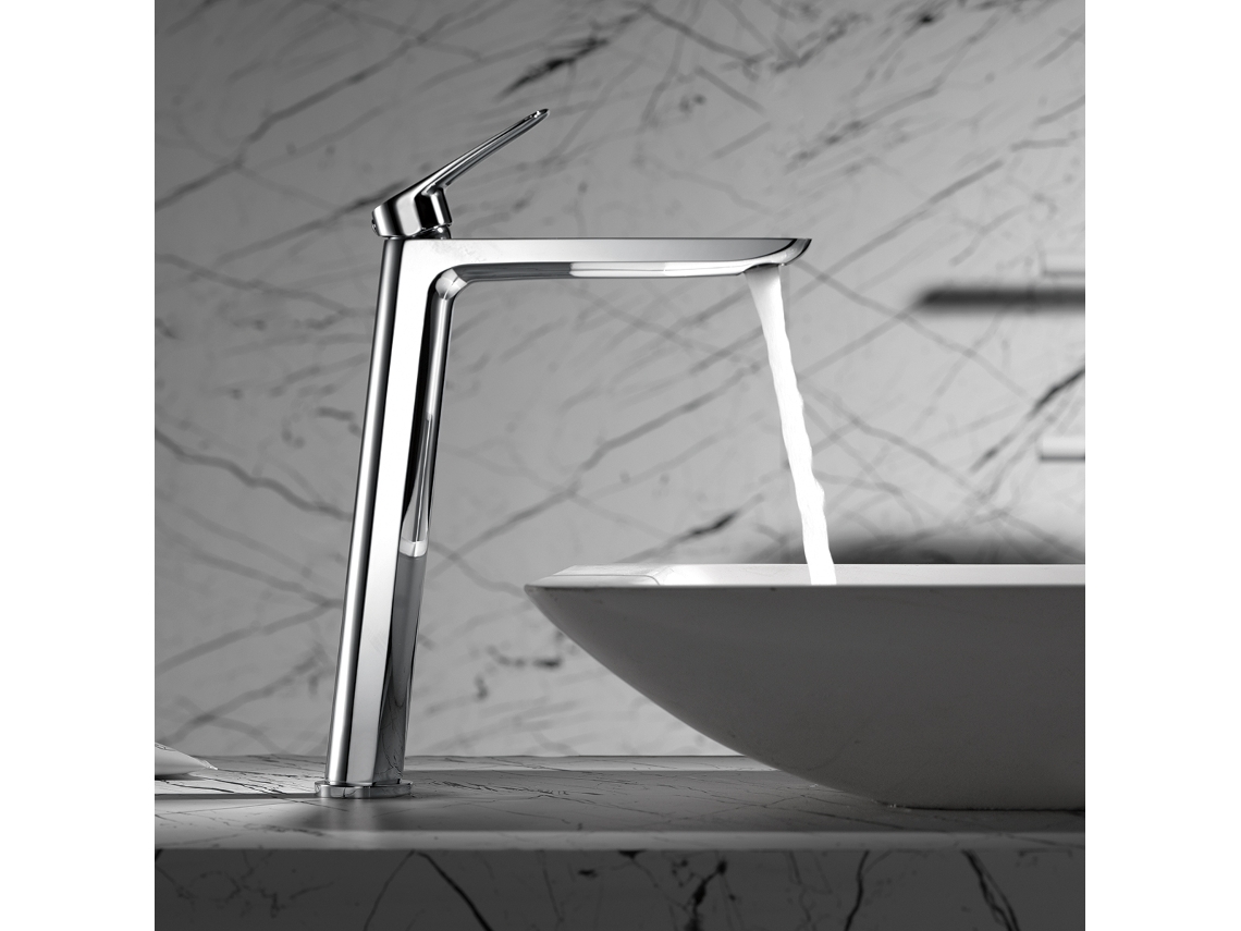 Grifo monomando alto para lavabo, latón cromado y zama, cartucho cerámico Ø35mm, con latiguillos flexibles Imex.