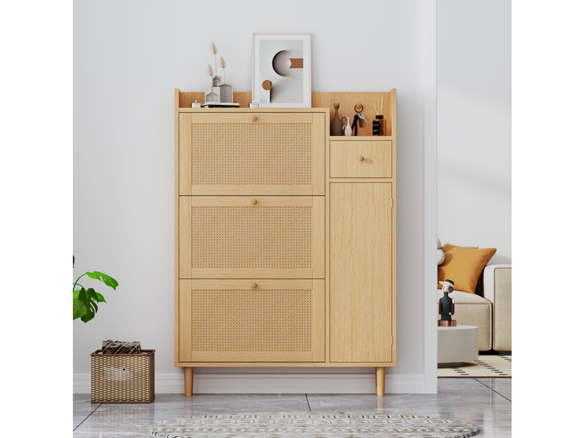 Zapatero de madera y ratán con 3 puertas basculantes y 1 cajón, estante ajustable, estilo natural