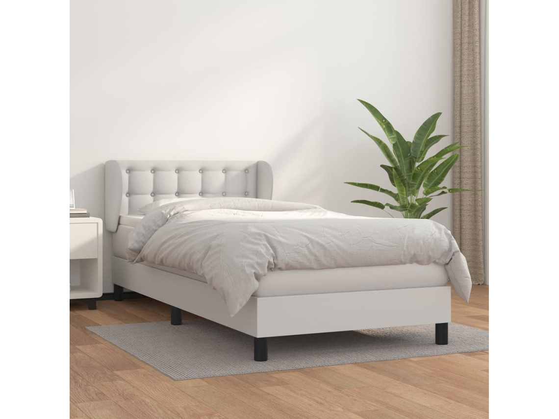 Cama Box Spring Con Colchón Cuero Sintético Blanco 90x190 Cm