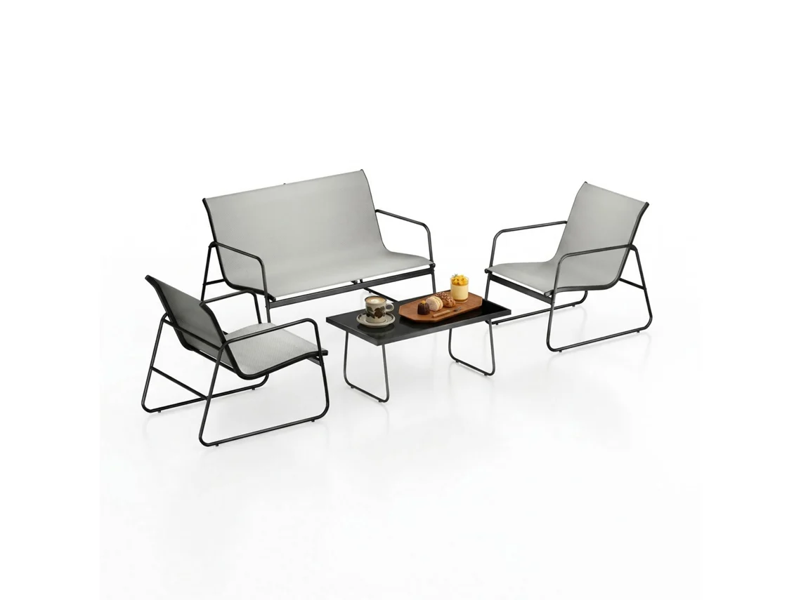 Conjunto de jardín de 4 plazas (2 sillones + 1 mesa auxiliar + 1 sofá de dos plazas) - Acero inoxidable, textileno transpirable - Para patio y piscina Botifly
