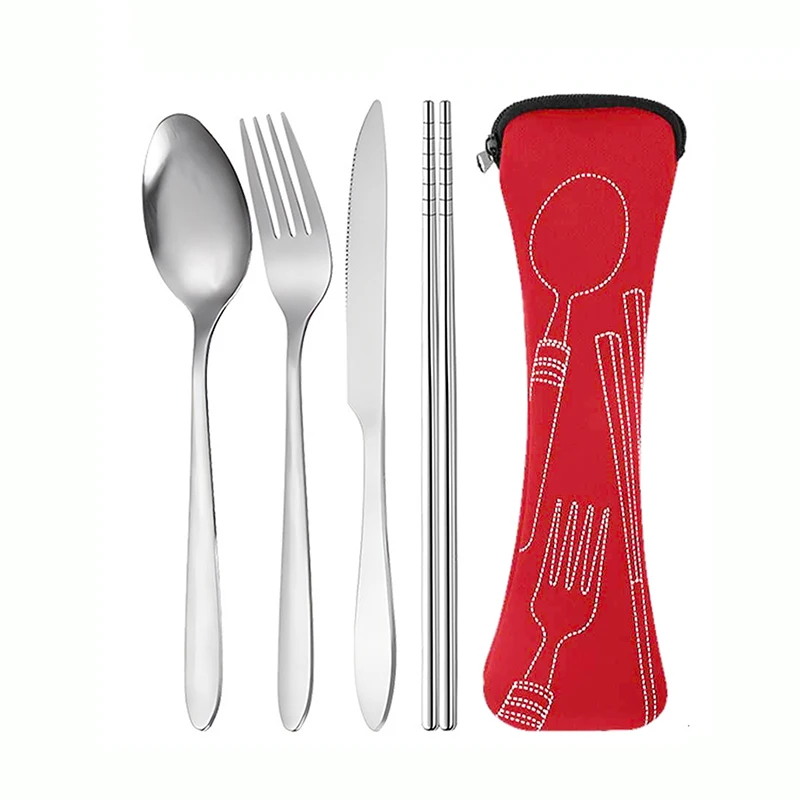 Juego De Cubiertos De Acero Inoxidable (rojo, 4 Piezas), Que Incluye Cuchillo, Tenedor, Cuchara Y Palillos.