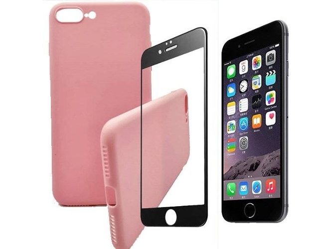 Kit Funda y Protector de Cristal 5D Full Cover iPhone 7 Plus, 8 Plus Silicona Rosa