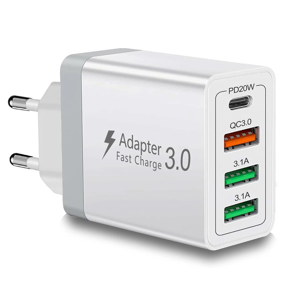 (blanco Estándar Europeo) Cargador Rápido De 40 W Pd 20 W + Qc 3.0, Enchufe Estándar Europeo, Adaptador De Cargador De Pared Usb-c De 4 Puertos.
