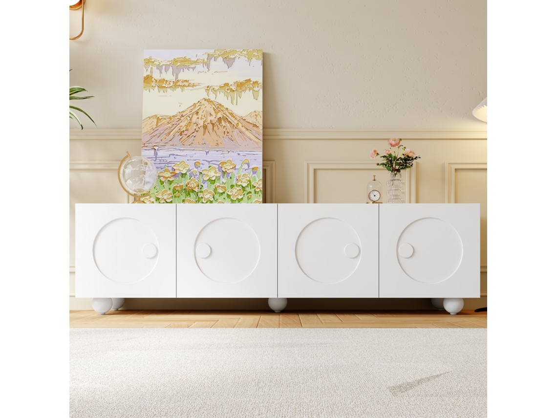 Mueble De Tv, Bajo Con Puertas Y Almacenamiento, 180,5x38x50 Cm, Fachadas 3d En Relieve Redondo, Estilo Moderno Minimalista, Blanco
